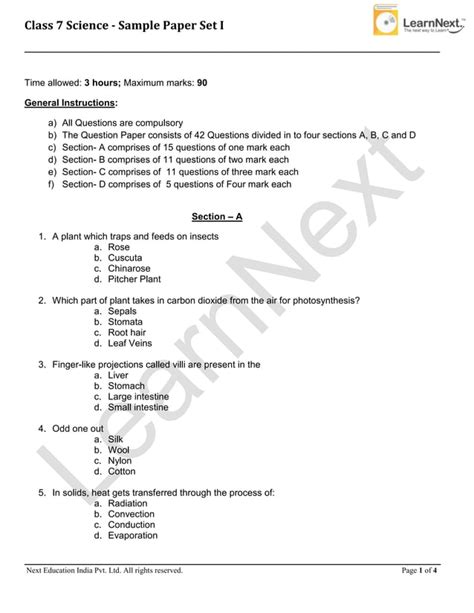 Class Science Set I Sample Papers Pdf