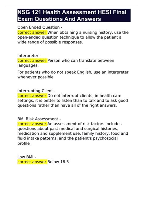 Nsg 121 Health Assessment Hesi Final Exam Questions And Answers Nsg