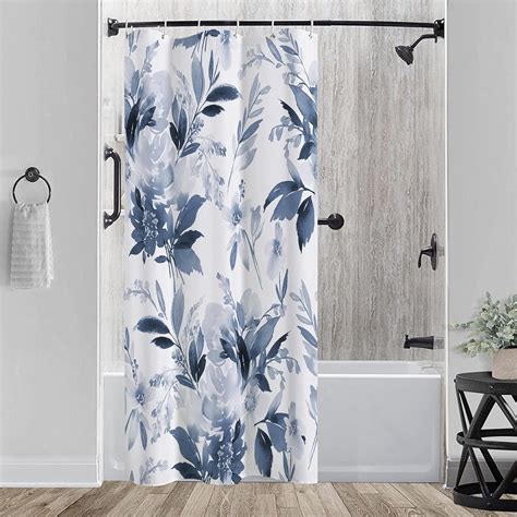 Small Stall 36 X72 Blue And White Floral Shower Curtain Set With Hooks