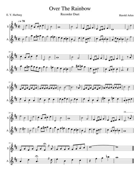 Over The Rainbow Recorder Duet Sheet Music For Recorder Download