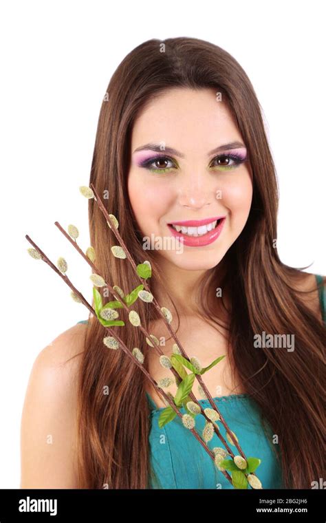 Beautiful Girl With Pussy Willow Buds Isolated On White Stock Photo