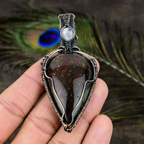 Natural Bloodstone Pendant Copper Wire Wrapped Pendant Gemstone