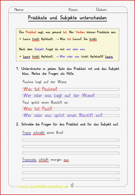 Faszinieren Arbeitsblatt Subjekt Pr Dikat Grundschule Nur F R Sie