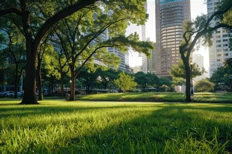 Bright And Lively City Park In Morning With Greenery And Urban Backdrop
