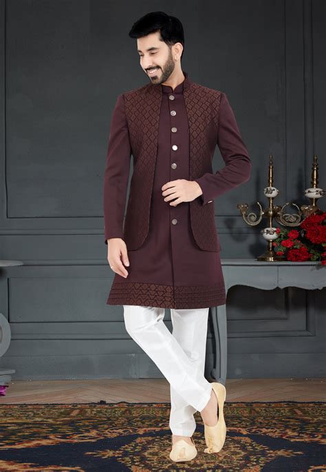 Maroon Jacquard Indo Western Sherwani