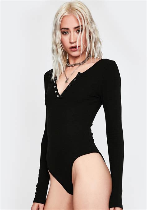 Henley Long Sleeve Bodysuit Ribbed Button Up Black Dolls Kill