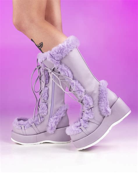 Demonia Lavender Winter Solstice Faux Fur Boots Rave Wonderland