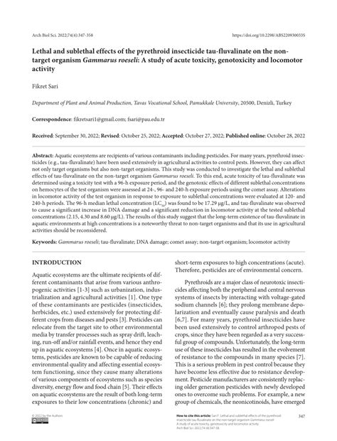 Pdf Lethal And Sublethal Effects Of The Pyrethroid Insecticide Tau