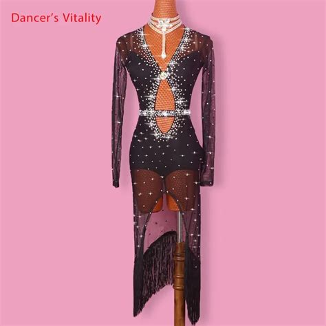 Latin Dance Dress Women Diamond V Collar Open Long Sleeves Salsa Tango