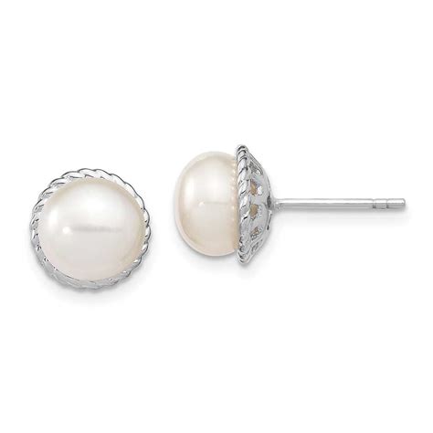 Sterling Silver RH 8 9mm White Button FWC Pearl Post Earrings Precious