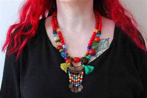 Bohemian Red Necklace Beaded Ethnic Design Layered Gemstone Etsy