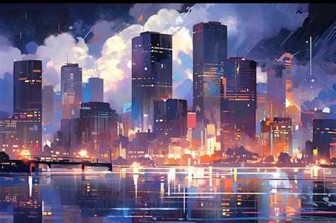 Premium AI Image | A digital painting of a skyline with a city in the ...