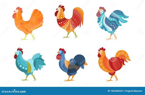 Set Of Roosters With Creative Coloring Vector Illustration Stock