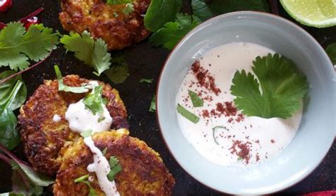 Roasted Cauliflower Curry Fritters W Sriracha Mayo Pomegranate