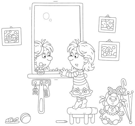 Premium Vector | Funny little girl looking closely at herself in the