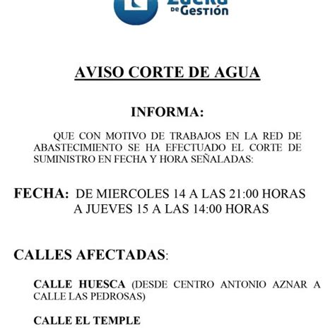 Aviso Corte De Agua Ayuntamiento De Zuera