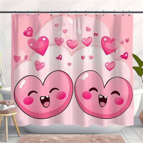 Kawaii Pink Heart Couple Cartoon Shower Curtain Romantic Bathroom Decor