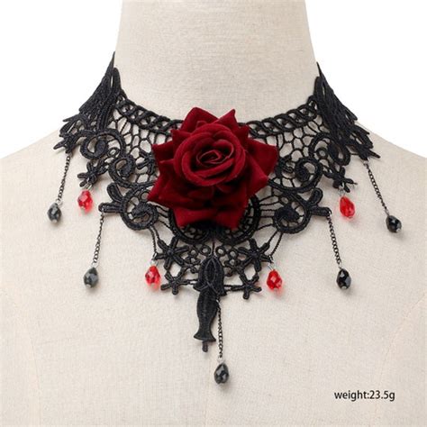 Gothic Victorian Vampire Black Lace Red Rose Statement Choker Etsy