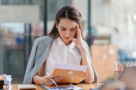 Asian Businesswoman Feeling Tired And Exhausted Headache Stressed With