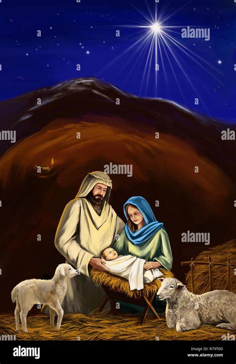 Christmas story. Christmas night, Mary, Joseph and the baby Jesus, Son ...