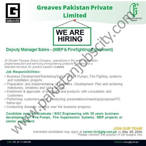 Greaves Pakistan Pvt Ltd Jobs Deputy Manager Sales