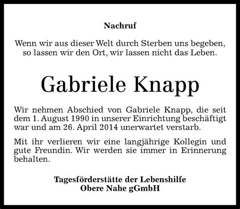 Traueranzeigen Von Gabriele Knapp Rz Trauer De