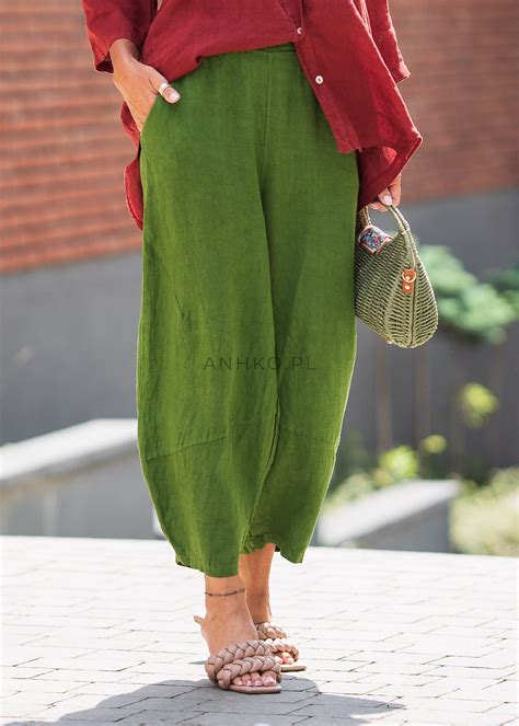 Spodnie Lniane Comfort Lin Zielone - Anhko