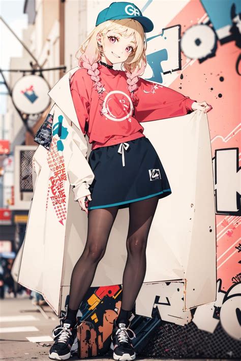 A Woman In Red Shirt And Black Skirt Standing Next To A Wall With