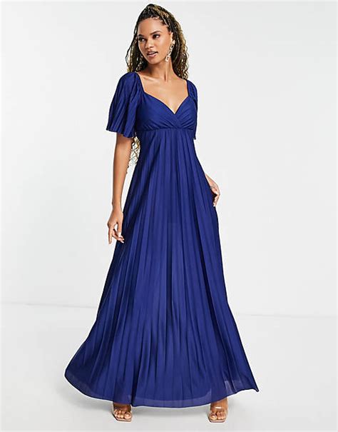 Asos Design Pleated Twist Back Cap Sleeve Maxi Dress In Navy Asos