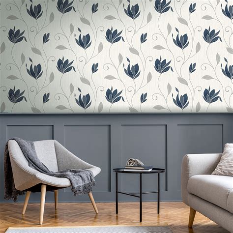 M Synergy Navy Floral Wallpaper By Fine D Cor