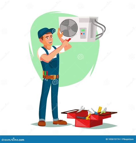 De Dienstvector Van De Airconditionerreparatie Jonge Mens Die Airconditioner Herstellen De