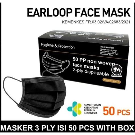 Jual Masker Earloop Kemenkes Hitam Ply Pcs Face Mask Full Black