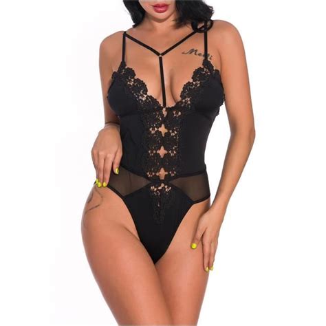 Sasaquoy Lingerie sexy dentelle broderie profonde V sling collants extensibles une pièce pyjama