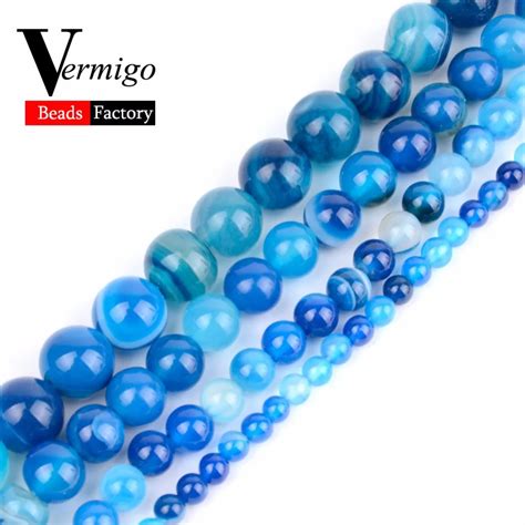 4 6 8 10 12mm Blue Stripe Agates Natural Stone Round Spacer Loose Beads