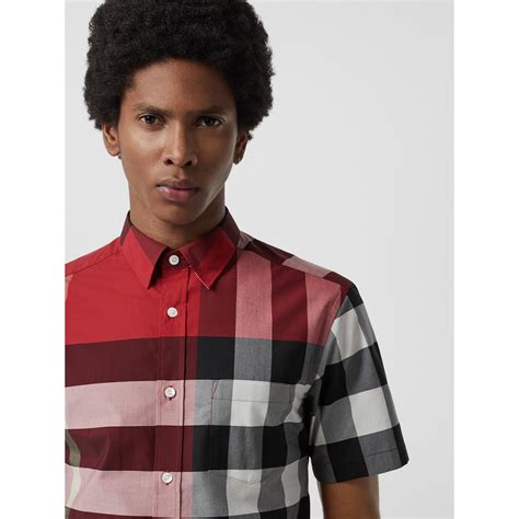 Short Sleeve Check Stretch Cotton Shirt In Parade Red Men Burberry United States