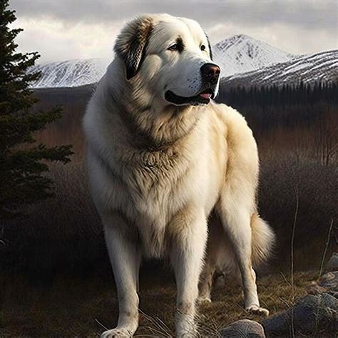 premium photo  dog stands  front   mountain range
