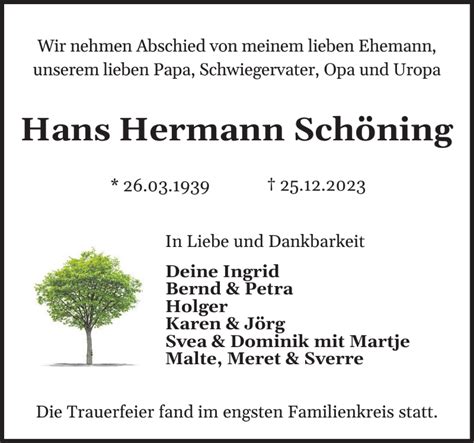 Traueranzeigen Von Hans Hermann Sch Ning Sh Z Trauer