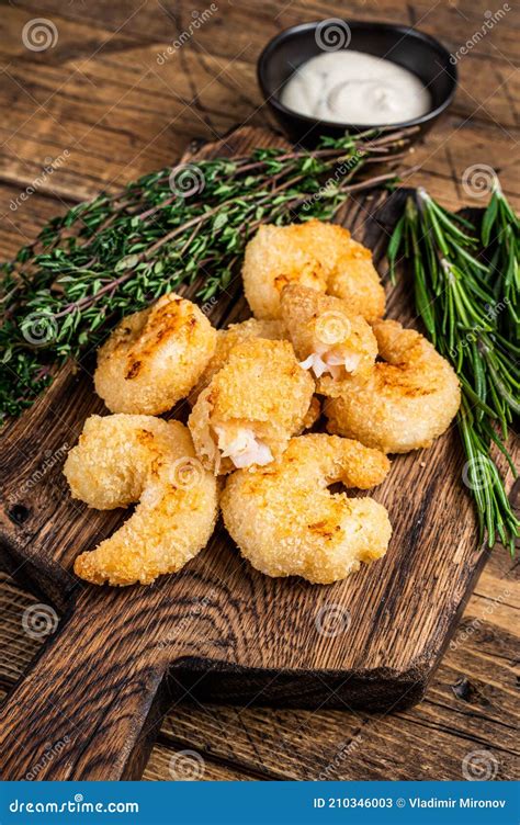 Fried Crispy Shrimps Prawns On A Wooden Board With Sauce Wooden