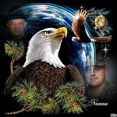 A Bald Eagle Sitting On Top Of A Pine Tree Next To An Image Of A Man