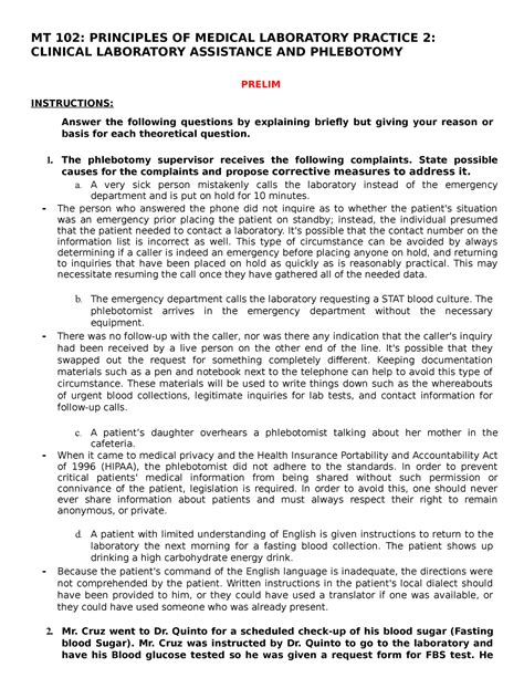 Phlebotomy Assignment MT 102 PRINCIPLES OF MEDICAL LABORATORY