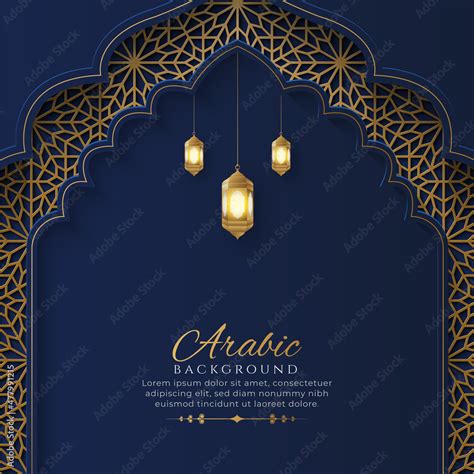 Arabic Islamic Arch Blue and Golden Luxury Ornamental Background with Islamic Pattern Frame ...