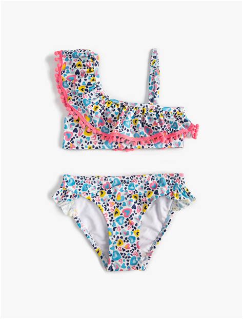 Mavi Kız Çocuk Bikini Takımı Fırfırlı Tek Omuz İnce Askılı SKG BM Koton