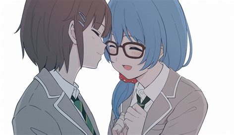 2girls Asahi Rokka Bang Dream Blue Hair Blush Brown Hair Close