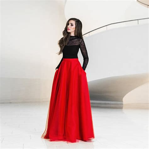 Elegant Maxi Tulle Skirt With Pockets High Waist Floor Length Red Long