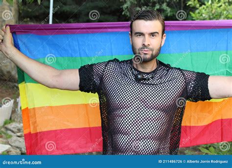 Very Cute Gay Man Holding The Rainbow Flag Stock Photo Image Of Lifestyle Body 211486726
