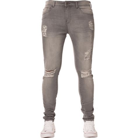 New Enzo Mens Designer Stretch Super Skinny Ripped Denim Jeans Grey