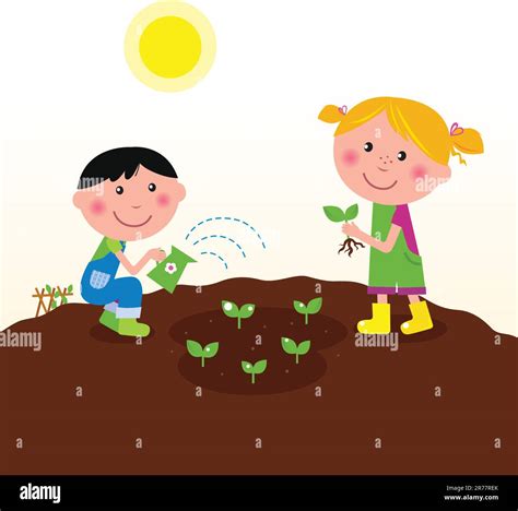 Boy And Girl Planting Little Plants On The Farm Vector Illustration Stock Vector Image And Art