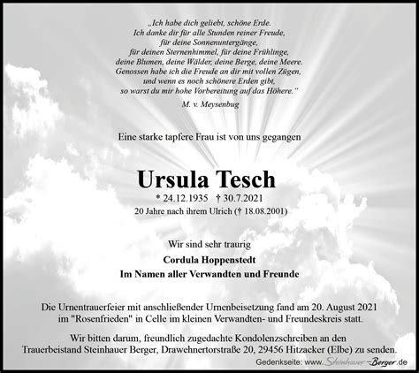 Das Trauerportal F R L Chow Dannenberg Todesanzeigen Ursula Tesch