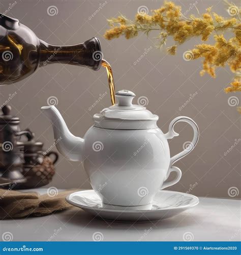 A Teapot Pouring A Stream Of Hot Herbal Tea Into A Delicate Porcelain Cup Stock Illustration