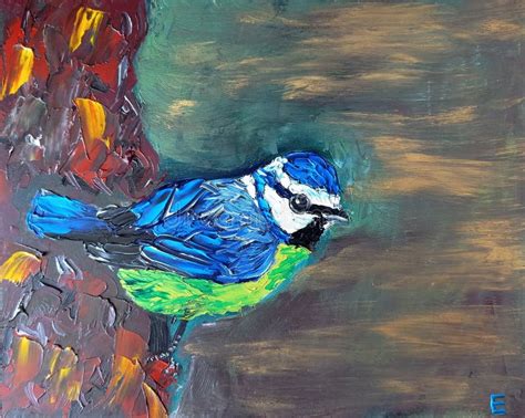 Blue Tit Oil Painting Original Bird Oil Painting Bright Bird Oil Stock